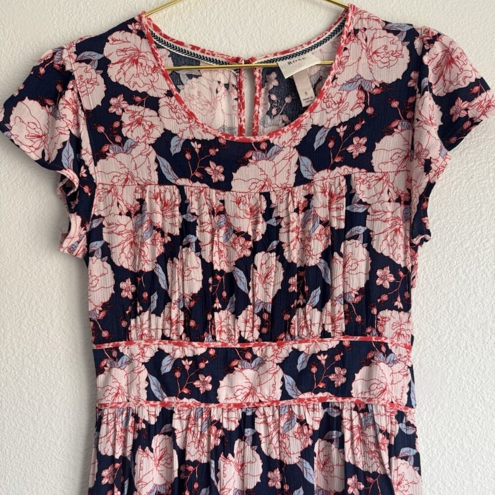 NWT! Knox Rose Women Dress Red Blue Floral Boho Maxi Short Sleeve Peasant